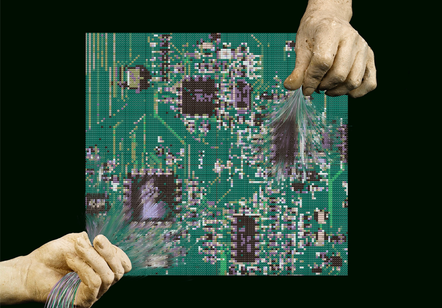 Two ceramic-like hands grip and pull on delicate threads that emerge from a "woven circuit board." The contrast between the rigid, heavy material of the hands and the soft, fragile threads creates a visual paradox, symbolising the insertion of human touch into the mechanised world. The image evokes a sense of personified anonymity, questioning whose histories and labours are being revealed or concealed when the threads of technology are pulled.